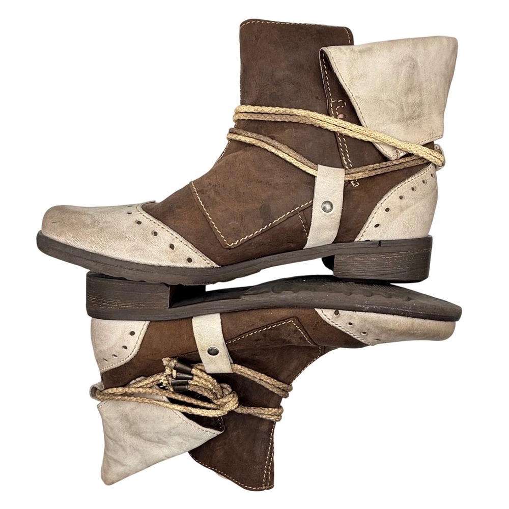 Clocharme Handmade Italy TwoTone Leather Wingtip Ankle‎ Boots Boho Rope Wrap 5.5